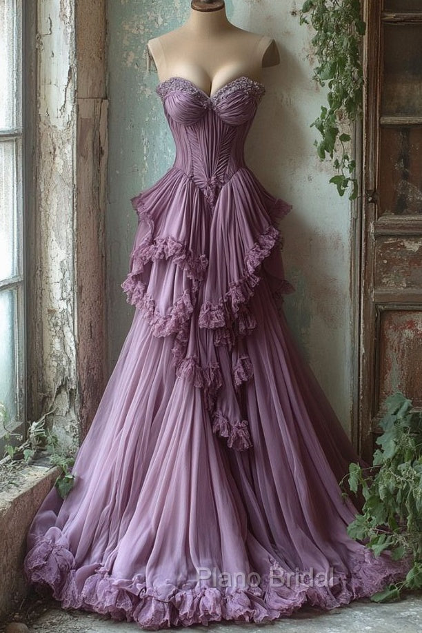 Purple A-Line Sweetheart Neck Tulle Beaded Long Formal Prom Dresses, Vintage Formal Dresses Main image