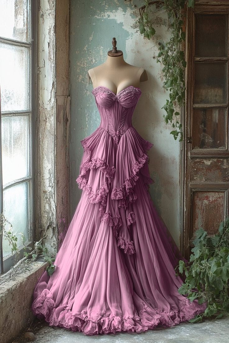 Purple A-Line Sweetheart Neck Tulle Beaded Long Formal Prom Dresses, Vintage Formal Dresses Secondary image