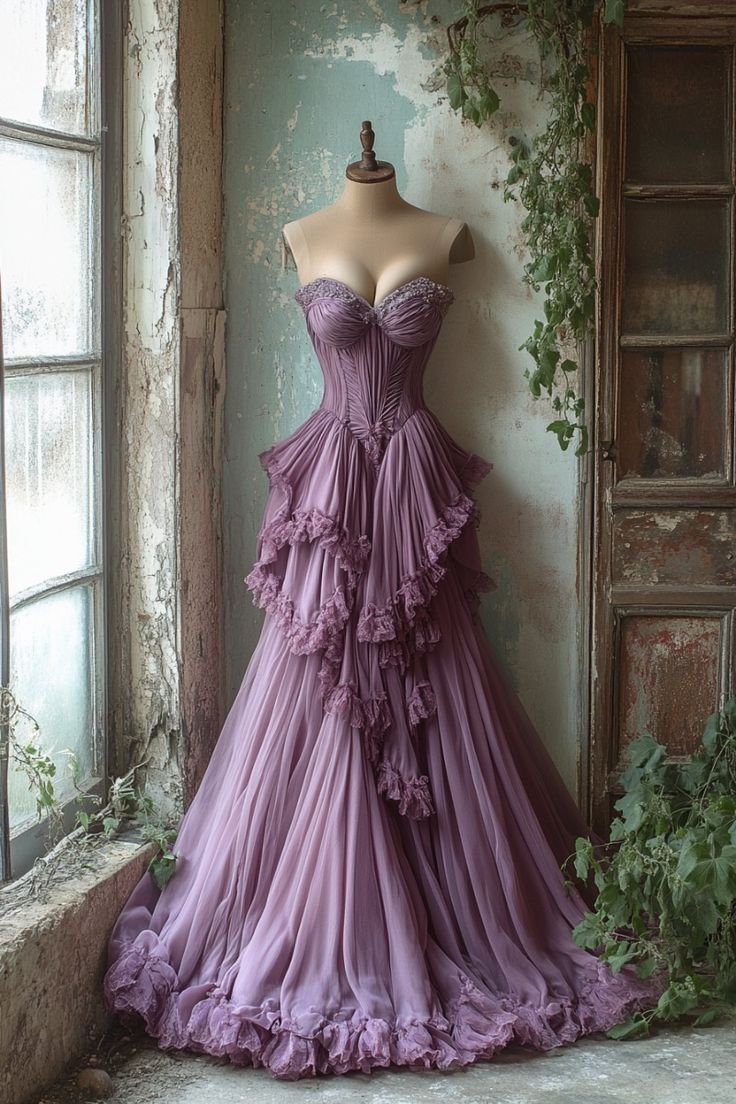 Purple A-Line Sweetheart Neck Tulle Beaded Long Formal Prom Dresses, Vintage Formal Dresses Main image