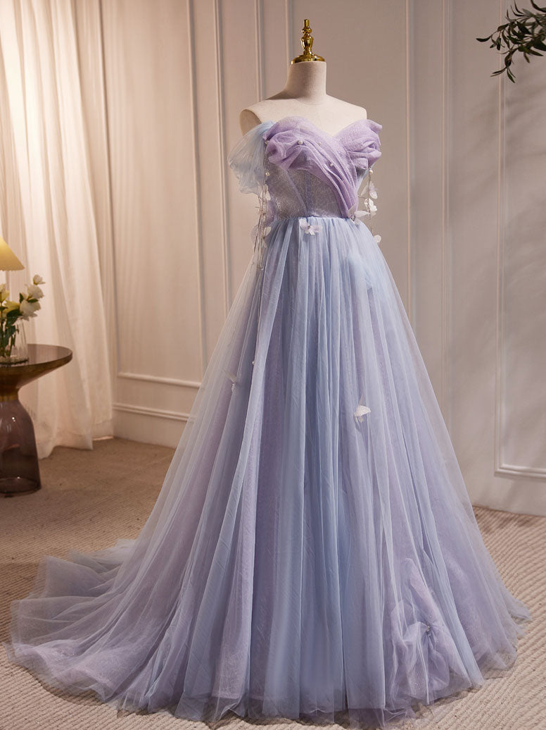 Purple A-Line Tulle Long Formal Prom Dresses, Off Shoulder Purple Graduation Dresses