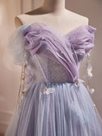 Purple A-Line Tulle Long Formal Prom Dresses, Off Shoulder Purple Graduation Dresses