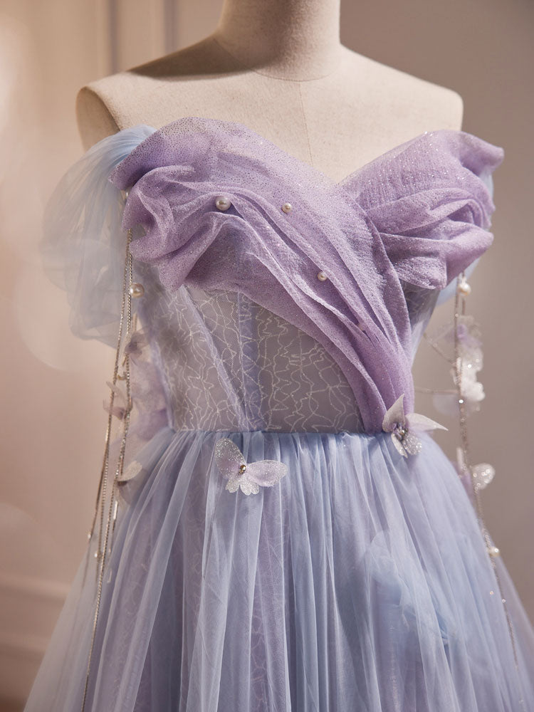 Purple A-Line Tulle Long Formal Prom Dresses, Off Shoulder Purple Graduation Dresses
