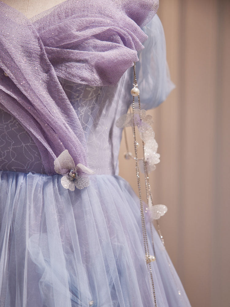 Purple A-Line Tulle Long Formal Prom Dresses, Off Shoulder Purple Graduation Dresses