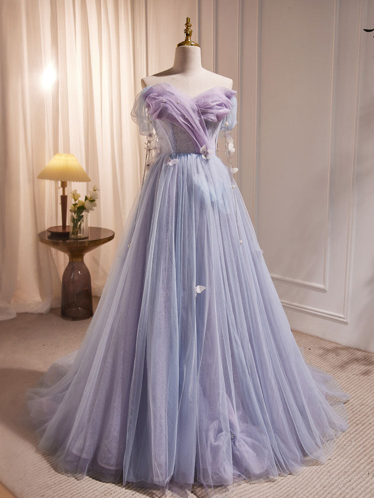 Purple A-Line Tulle Long Formal Prom Dresses, Off Shoulder Purple Graduation Dresses Main image