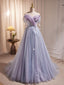 Purple A-Line Tulle Long Formal Prom Dresses, Off Shoulder Purple Graduation Dresses