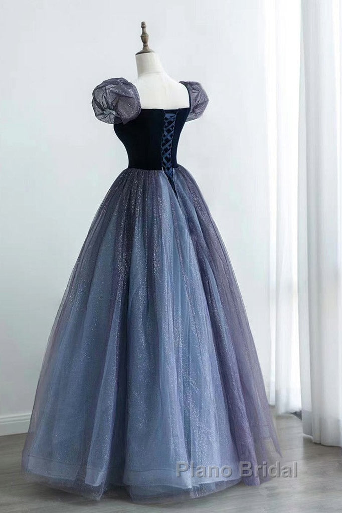 Purple A-Line Tulle Long Formal Prom Dresses, Purple Formal Dresses