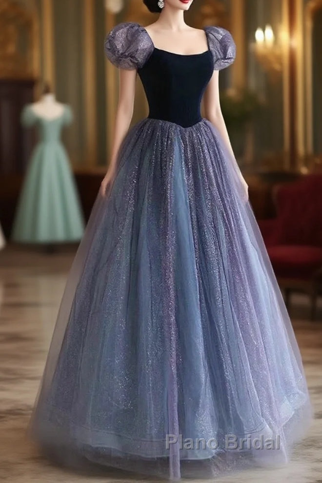 Purple A-Line Tulle Long Formal Prom Dresses, Purple Formal Dresses Main image