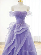 Purple A-Line Tulle Off Shoulder Long Formal Prom Dresses, Purple Lace Formal Dresses