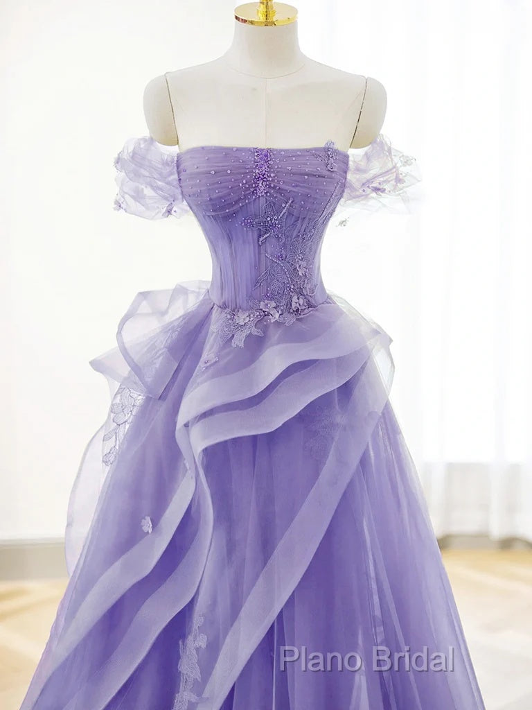 Purple A-Line Tulle Off Shoulder Long Formal Prom Dresses, Purple Lace Formal Dresses