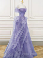 Purple A-Line Tulle Off Shoulder Long Formal Prom Dresses, Purple Lace Formal Dresses