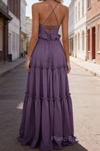 Purple A-line V Neck Sleeveless Floor-Length Chiffon Prom Dress Long Prom Dresses Backless with Pleated Ruffles