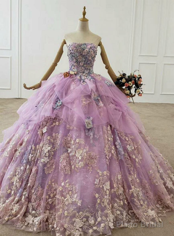 Purple Ball Gown Appliques Tulle 3D Flower Strapless Wedding Dress Main image