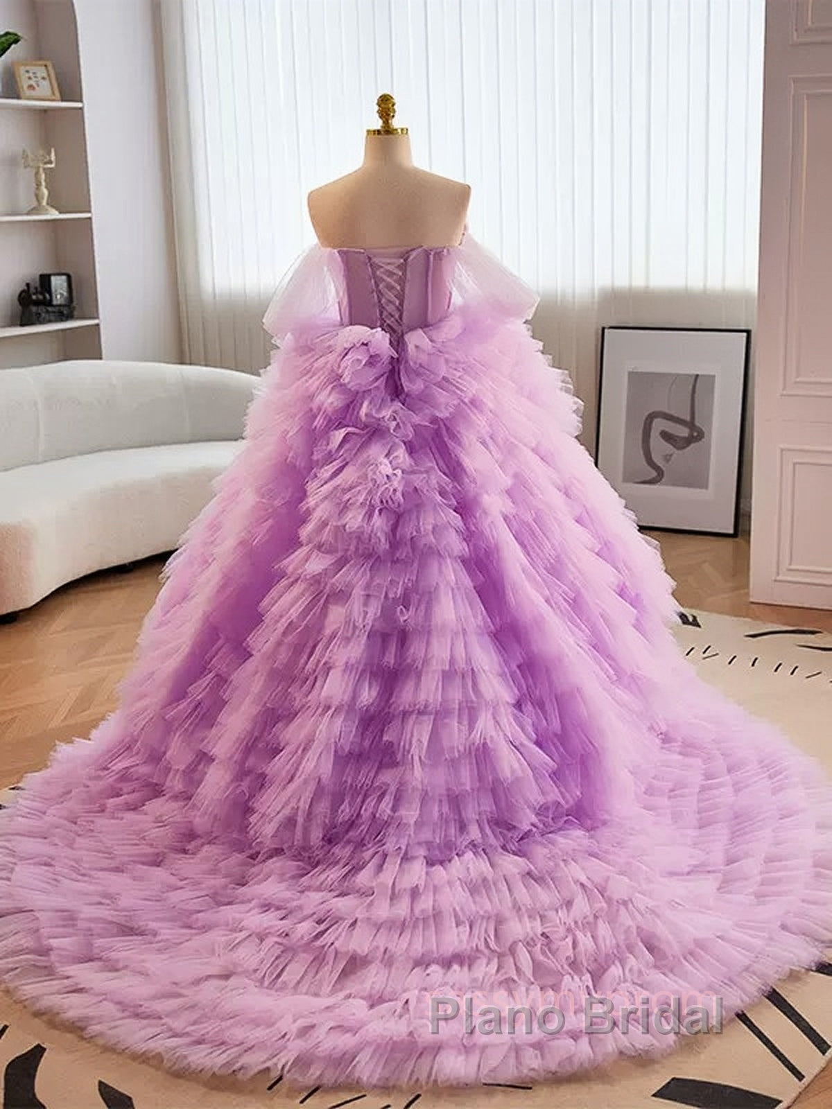 Purple Ball Gown Tulle Off The Shoulder Tiers Formal Prom Dresses