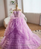 Purple Ball Gown Tulle Off The Shoulder Tiers Formal Prom Dresses