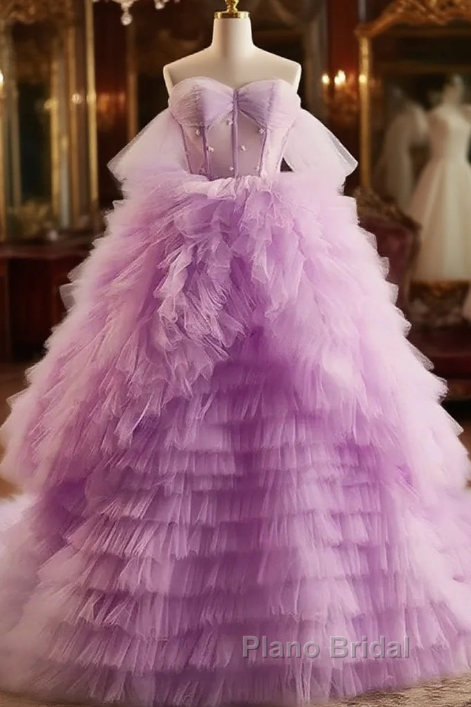 Purple Ball Gown Tulle Off The Shoulder Tiers Formal Prom Dresses Main image