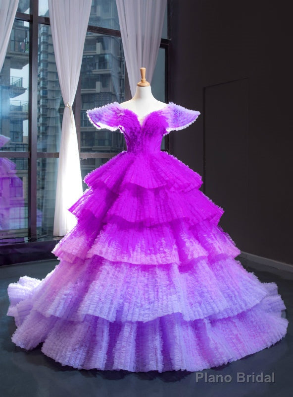 Purple Ball Gown Tulle V-neck Tiers Luxury Prom Dress With Train Main image