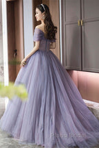 Purple Beaded Tulle Ball Gown Formal Dresses, Off Shoulder Sweet 16 Formal Dresses