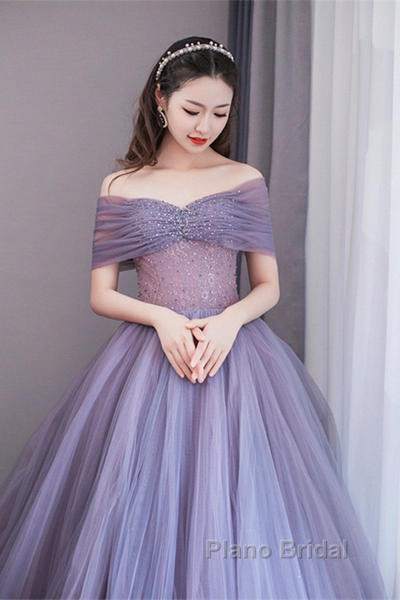 Purple Beaded Tulle Ball Gown Formal Dresses, Off Shoulder Sweet 16 Formal Dresses