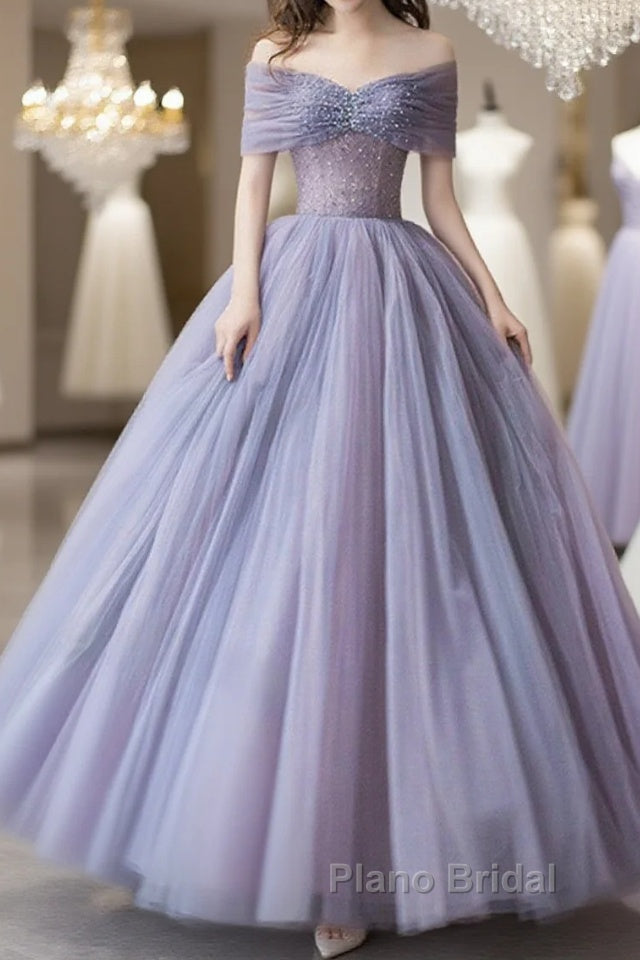 Purple Beaded Tulle Ball Gown Formal Dresses, Off Shoulder Sweet 16 Formal Dresses Main image