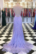 Purple/Blue Mermaid Backless Lace Formal Prom Dresses, Purple/Blue Mermaid Backless Lace Formal Graduation Evening Dreses
