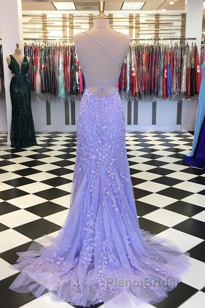 Purple/Blue Mermaid Backless Lace Formal Prom Dresses, Purple/Blue Mermaid Backless Lace Formal Graduation Evening Dreses