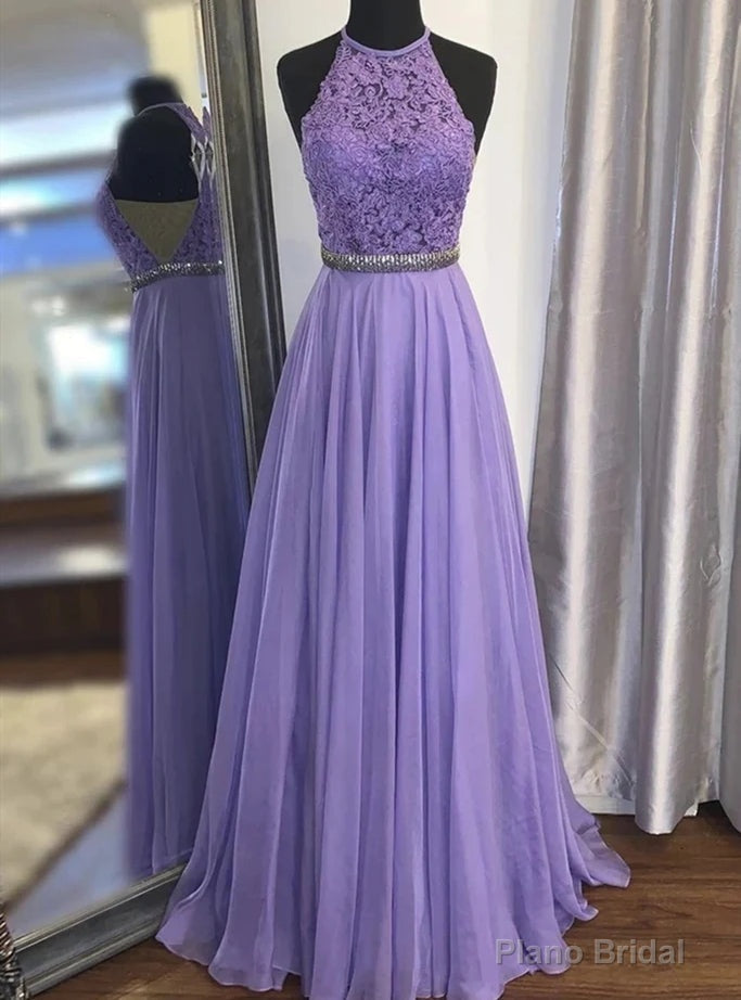 Purple Chiffon Lace Halter Beading Prom Dress Main image