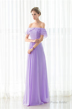 Purple Chiffon Off The Shoulder Long Bridesmaid Dresses