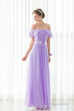 Purple Chiffon Off The Shoulder Long Bridesmaid Dresses
