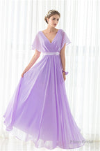 Purple Chiffon V-neck Backless Pleats Long Bridesmaid Dresses