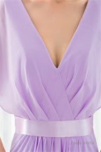 Purple Chiffon V-neck Backless Pleats Long Bridesmaid Dresses