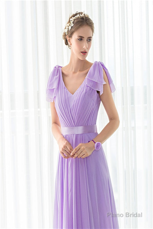 Purple Chiffon V-neck Backless Pleats Long Bridesmaid Dresses