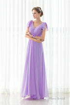 Purple Chiffon V-neck Backless Pleats Long Bridesmaid Dresses