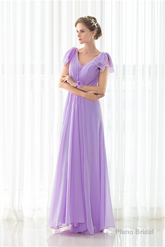 Purple Chiffon V-neck Backless Pleats Long Bridesmaid Dresses
