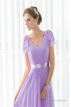 Purple Chiffon V-neck Backless Pleats Long Bridesmaid Dresses
