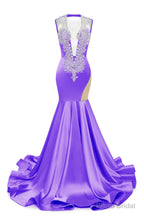 Purple Deep V Neck Mermaid Satin Prom Dresses Sparkly Beaded Pageant Crystals Evening Formal Dresses
