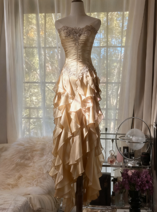 Purple ??Elegant Strapless Chiffon Applique Long Tiered Formal Prom Dresses Backless Party Dresses