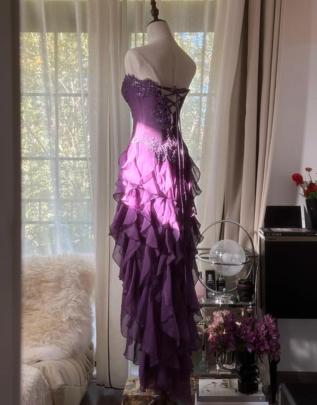 Purple ??Elegant Strapless Chiffon Applique Long Tiered Formal Prom Dresses Backless Party Dresses Secondary image