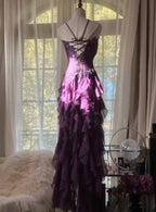 Purple ??Elegant Strapless Chiffon Applique Long Tiered Formal Prom Dresses Backless Party Dresses