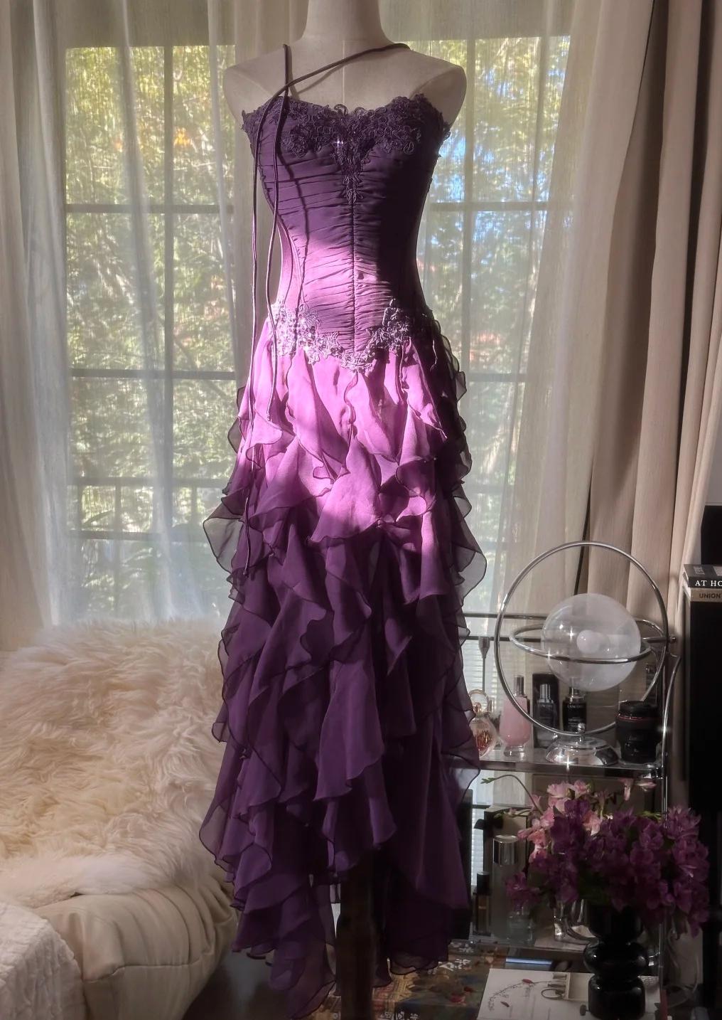 Purple ??Elegant Strapless Chiffon Applique Long Tiered Formal Prom Dresses Backless Party Dresses