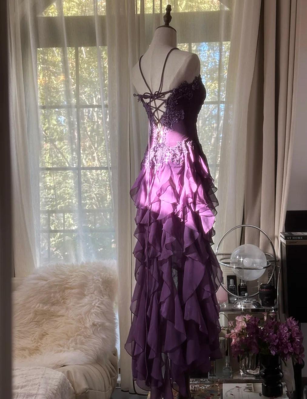 Purple ??Elegant Strapless Chiffon Applique Long Tiered Formal Prom Dresses Backless Party Dresses