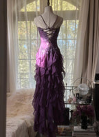 Purple ??Elegant Strapless Chiffon Applique Long Tiered Formal Prom Dresses Backless Party Dresses
