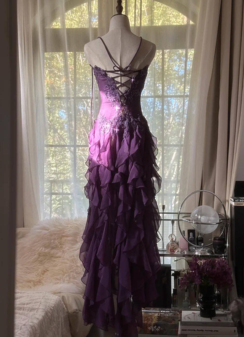 Purple ??Elegant Strapless Chiffon Applique Long Tiered Formal Prom Dresses Backless Party Dresses