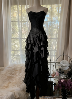 Purple ??Elegant Strapless Chiffon Applique Long Tiered Formal Prom Dresses Backless Party Dresses