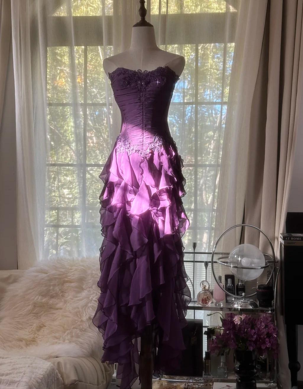 Purple ??Elegant Strapless Chiffon Applique Long Tiered Formal Prom Dresses Backless Party Dresses Main image