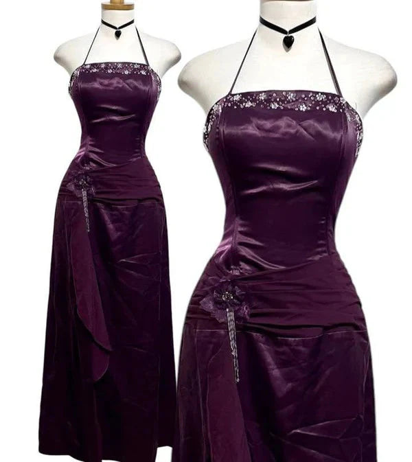Purple Fashion Elegant Vintage Backless Exquisite Beaded Halter Formal Prom Party Dresses Long Satin Formal Evening Dresses Ball Gown Secondary image