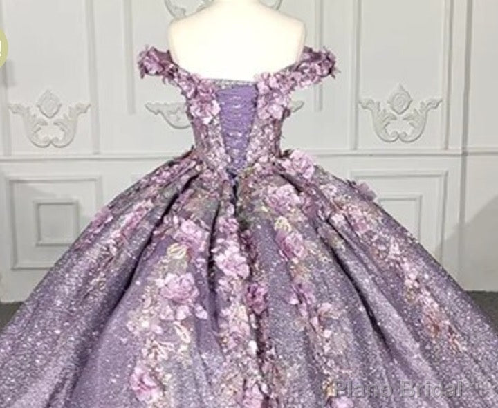 Purple Floral A Line Sequined Party Ball Gown