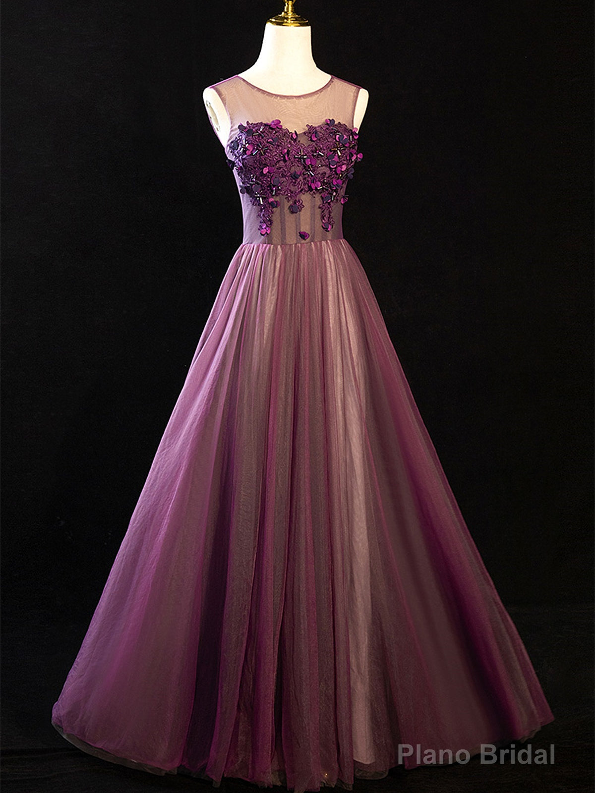 Purple Floral Long Lace Prom Dresses, Purple Floral Long Lace Formal Evening Dresses