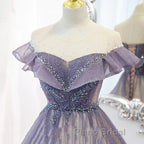 Purple Gradient A-Line Beaded Tulle Long Formal Prom Dresses, Floor Length Purple Evening Dresses