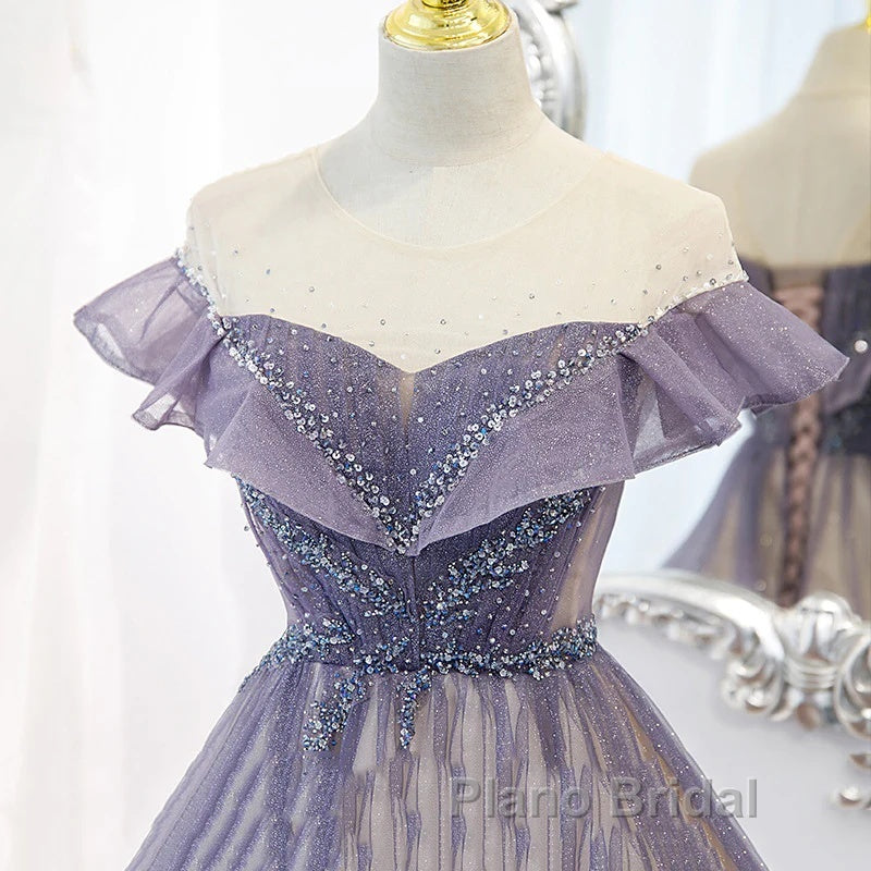 Purple Gradient A-Line Beaded Tulle Long Formal Prom Dresses, Floor Length Purple Evening Dresses