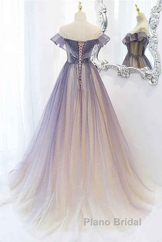 Purple Gradient A-Line Beaded Tulle Long Formal Prom Dresses, Floor Length Purple Evening Dresses